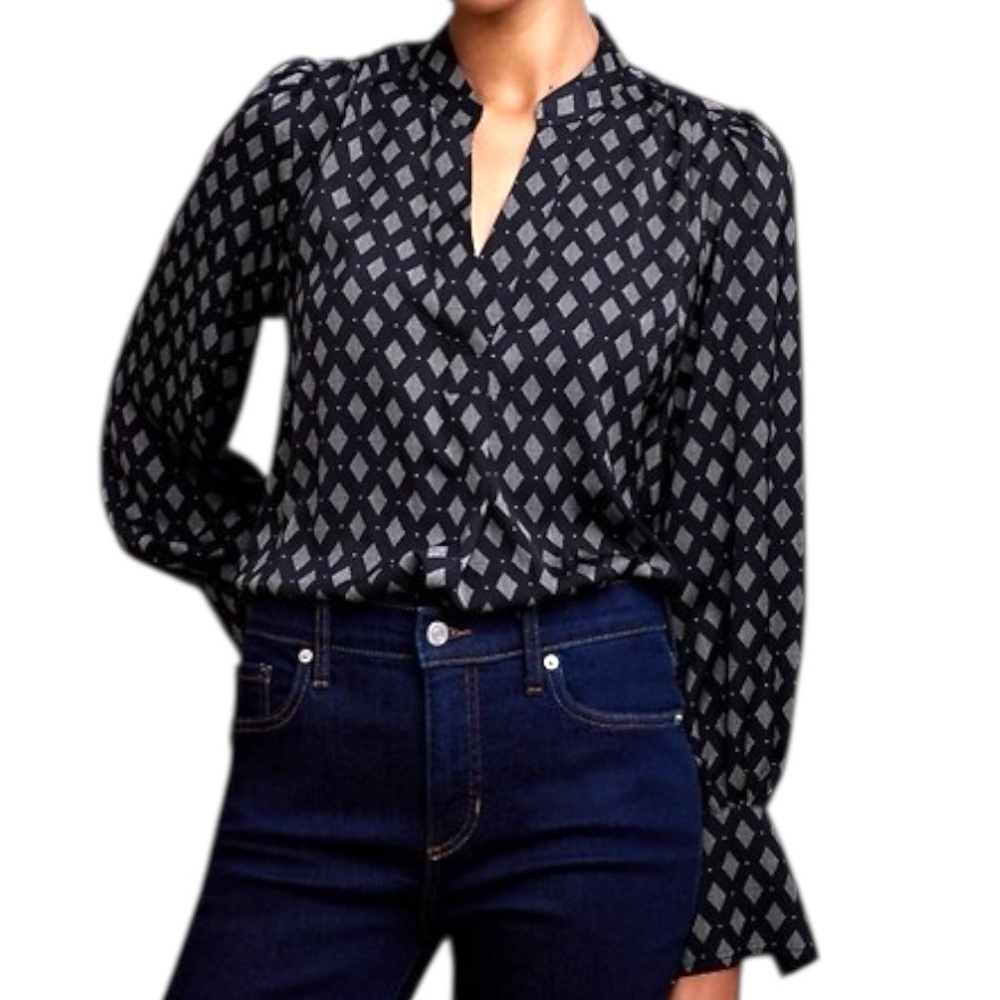 Banana Republic Volume Sleeve Geometric-Print Soft Satin Blouse Midnight Blue